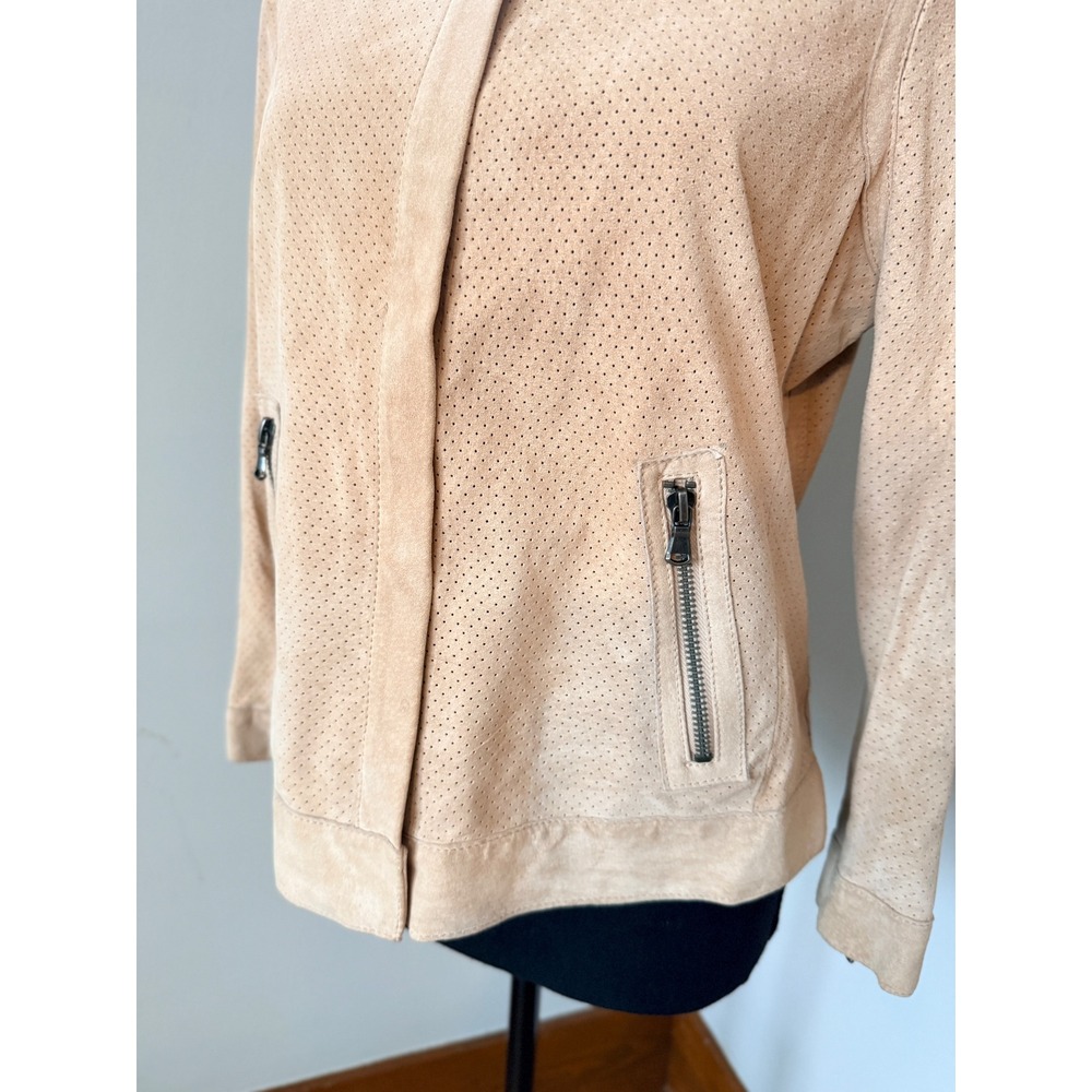 Ecru Perforated Tan Suede Bomber Jacket Women's Size Medium‎ Zip Pockets - Picture 2 of 7